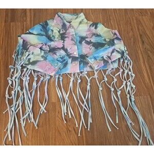 Womens Thrill Jeans Jacket Cropped Tie Dye Distressed Knotted Fringe Medium